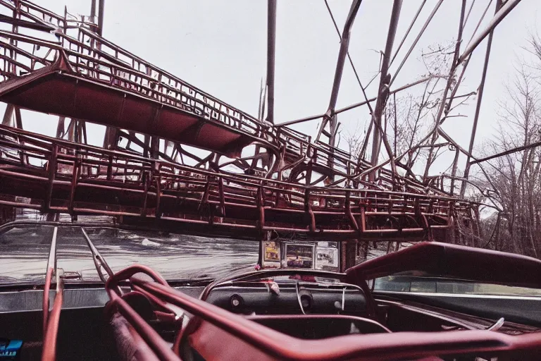 Prompt: a 1 9 6 6 pontiac gto driving on shivering timbers rollercoaster, first - person perspective, fujifilm quicksnap 4 0 0 photography