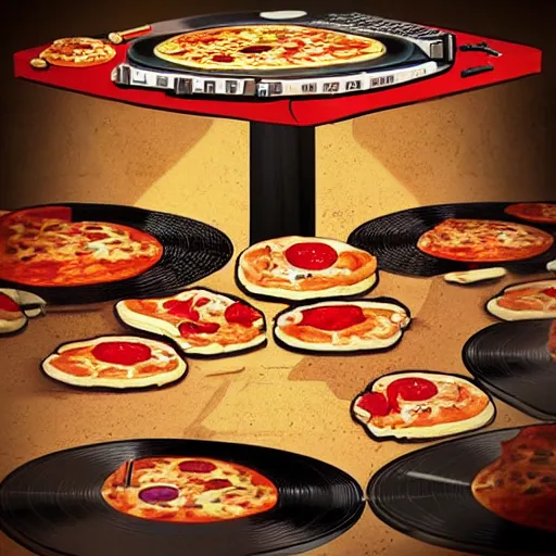 Prompt: album cover of a DJ table with pizza's for vinyl's, realistic, 16k, trending on artstation