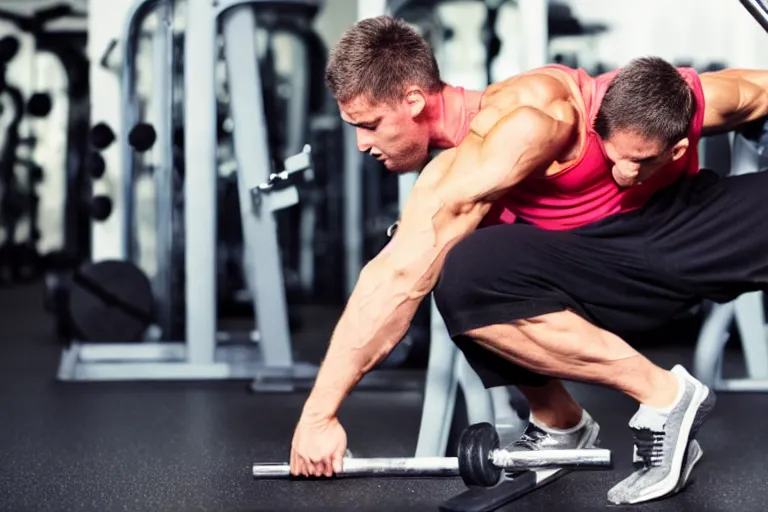 Prompt: weak man trying to light a heavy weight in the gym, hd