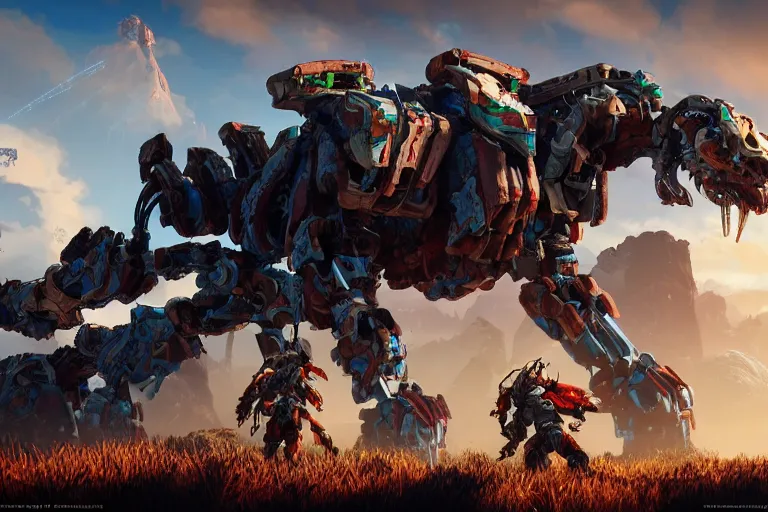 Image similar to thunderjaw machine mecha animal beast robot of horizon forbidden west horizon zero dawn bioluminiscence global illumination ray tracing hdr fanart arstation by sung choi and eric pfeiffer and gabriel garza and casper konefal