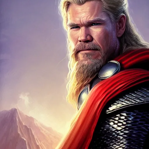 Image similar to A portrait of Josh Brolin as thor, Thor art, art by greg rutkowski, matte painting, trending on artstation