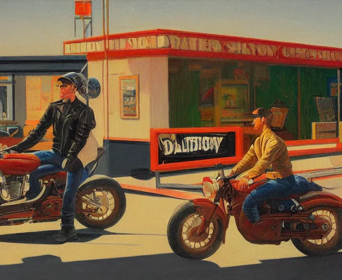 Image similar to a very detailed painting of a man wearing a leather jacket, riding a motorbike, harley davidson motorbike, front view, very fine brush strokes, in the style of edward hopper and grant wood and syd mead, 4 k,