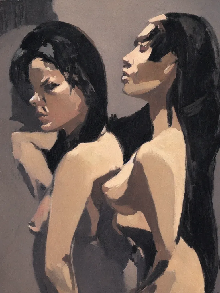 Image similar to portrait profile of one mysterious dark beautiful women in 1 9 7 8, oil painting by john watkiss