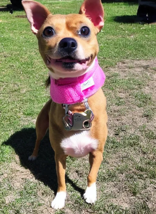 Image similar to fully grown tan pit bull, long - haired chihuahua, pomeranian mix, wearing a pink harness