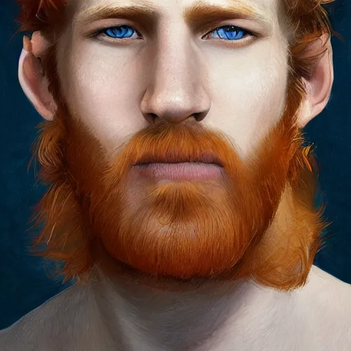 Image similar to 2 4 - year - old man, masculine face, square jaw, ginger hair, dark blue eyes, hyper realistic face, beautiful eyes, highly detailed, digital painting, smooth, sharp, beautiful face, expressive eyes, long fluffy wavy ginger hair, art by greg rutkowski and alex gray