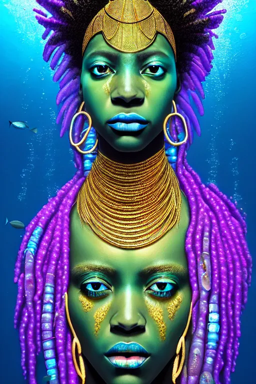 Prompt: hyperrealistic precisionist cinematic very expressive! bioluminescent african goddess, full body, underwater scene with fish and algae, gold jewerly, highly detailed face, digital art masterpiece, eric zener cam de leon, dramatic pearlescent turquoise light on one side, long shot, low angle uhd 8 k, sharp focus