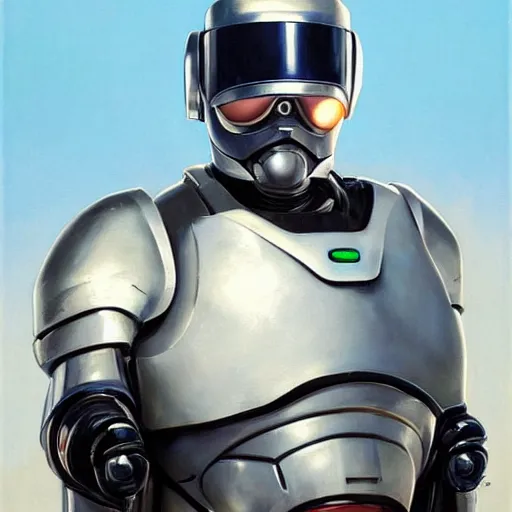 Image similar to greg manchess portrait painting of james murphy the robocop as overwatch character, 8 0 ies aesthetic, medium shot, asymmetrical, profile picture, organic painting, sunny day, matte painting, bold shapes, hard edges, street art, trending on artstation, by huang guangjian and gil elvgren and sachin teng