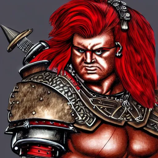 Image similar to bulky muscular scottish warrior with red hair and a kilt, tribal blood red war paintings on his chest, bronze plate armor, in the style of otomo katsuhiro, artgerm