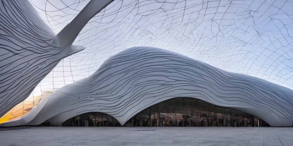 Prompt: extremely elegant smooth detailed stunning sophisticated beautiful elegant futuristic museum exterior by Zaha Hadid, smooth curvilinear design, stunning volumetric light, stainless steel, concrete, translucent material, beautiful sunset, tail lights