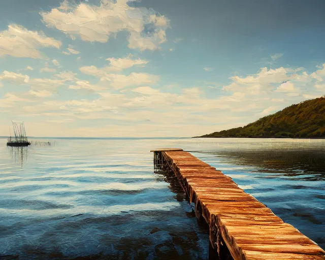 Image similar to fine art painting of a long wooden dock overlooking a tranquil blue sea, artstation, cgsociety, very detailed, intricate, masterpiece