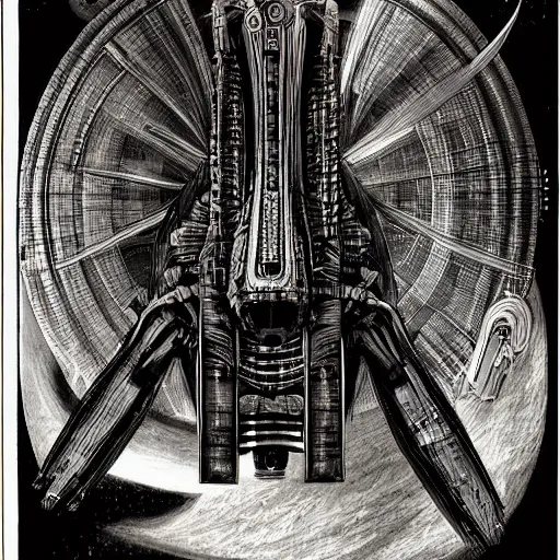 Image similar to atompunk space ship sailing the infinite cosmos, grand scale, raygun gothic style, astrophysics, mathematical drawing, painting by h. r. giger