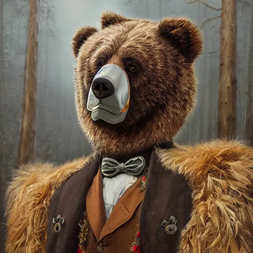 Prompt: Sad man in a bear masquerade mask, hyperrealism, no blur, 4k resolution, ultra detailed, style of Jonathan Solter, Peter Mohrbacher,Alexander Trufanov, Finnian MacManus, Ivan Shishkin