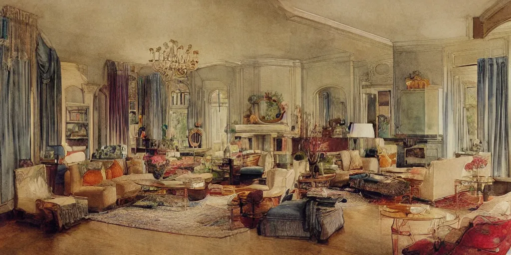 Prompt: a hiper intricate watercolor of a beauty modern living room, reflexions, intricate details, smooth, by william turner art, by greg rutowski by edmund dulac, by carl larson