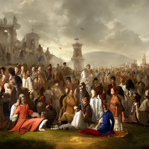 Image similar to portrait of a regal prince with sharp cheekbones, white clothes, high collar, surrounded by a crowd of peasants, modern digital art, matte painting