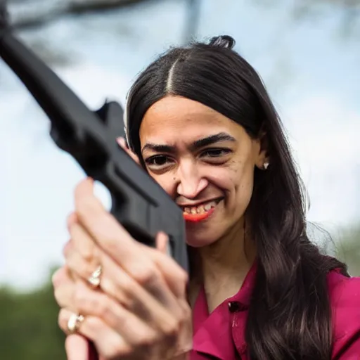 Image similar to Alexandria Ocasio-Cortez reloading a glock, realistic 4k