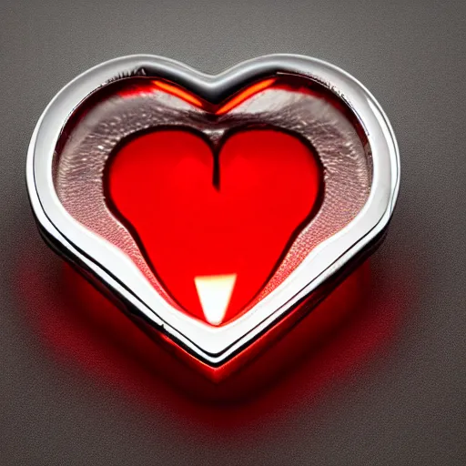 Prompt: a chrome carved heart, glowing gemstone, red light, intricate artwork, graphic style of Patrick Gleason very coherent symmetrical artwork, depth of field, bokeh