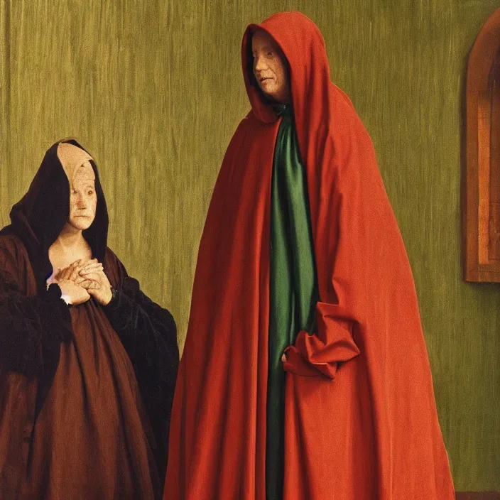 Image similar to a woman in a hooded cloak, in a casino, color photograph, by jan van eyck, canon eos c 3 0 0, ƒ 1. 8, 3 5 mm, 8 k, medium - format print