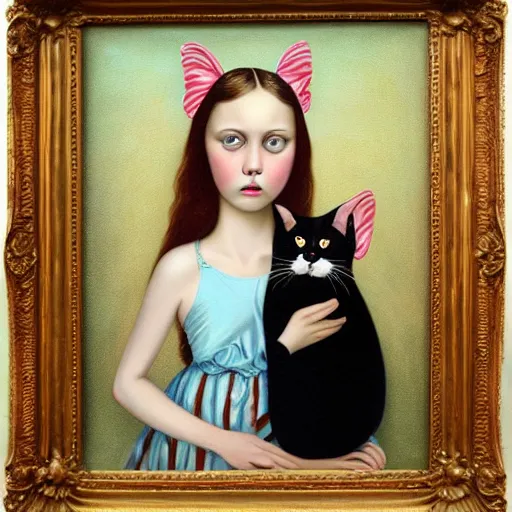 Prompt: Girl holding an annoyed cat, lowbrow painting by Mark Ryden