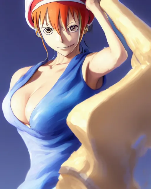 Image similar to nami from one piece, sad cerulean eyes, simple cream dress, detailed perfect face, mid view, by artgerm, by studio muti, greg rutkowski makoto shinkai takashi takeuchi studio ghibli