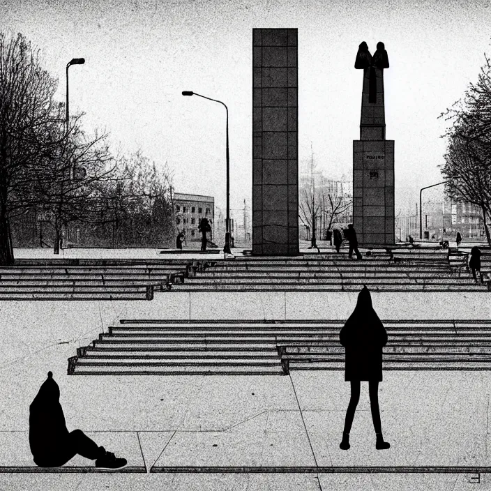 Prompt: sadie sink in hoodie sits on bench in a square, pedestrians walk by. background of old soviet monument and pedestrians. storyboard, scifi cyberpunk. by gabriel hardman, joe alves, chris bonura. cinematic atmosphere, detailed and intricate, perfect anatomy