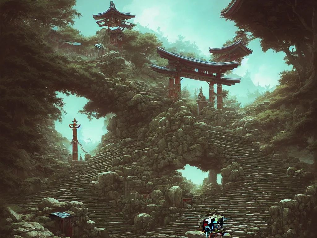 Prompt: a simple shinto gate stands atop stone stairs on a mountain, by peter mohrbacher and dan mumford and nekro, cgsociety, volumetric light, 3 d render