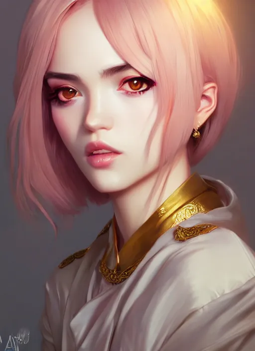 Prompt: dreamlike luxury stunning gangster girl portrait, pale pink and gold kimono, art by artgerm, wlop, loish, ilya kuvshinov, 8 k realistic, hyperdetailed, beautiful lighting, detailed background, depth of field, symmetrical face, frostbite 3 engine, cryengine,