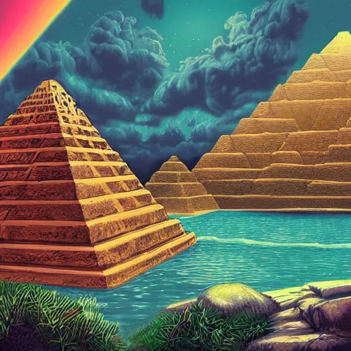 Prompt: ancient pyramids with gardens and waterfalls,digital art,retrowave art,trending on art station