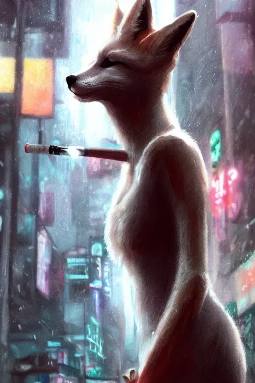 Image similar to beautiful portrait of a tall, shapely white female anthro fox smoking a cigarette in a blurred out crowd, rainy city street, cyberpunk clothes, cyberpunk, harsh neon lights, highly detailed, sharp focus, digital painting, illustration, trending on artstation, art by sakimichan, wlop, greg rutkowski