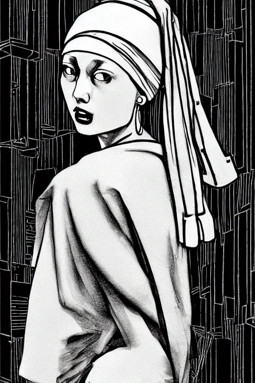 Image similar to beautiful portrait of a woman, negative no not the girl with a pearl earring, highly detailed ink illustration of a narrow neon lit tokyo alley, b & w clean shaped illustration by kim jung gi, ric estrada, ron english and eiichiro oda