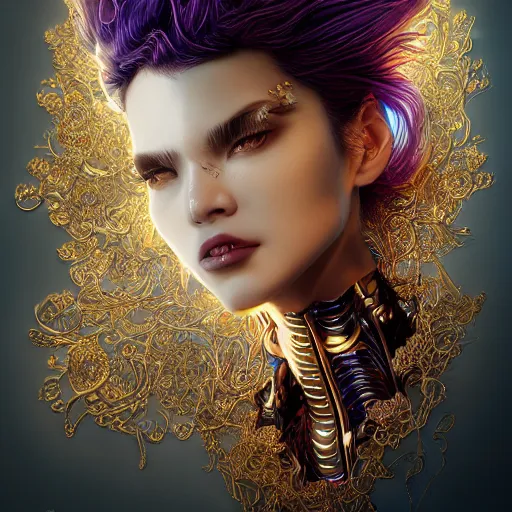 Prompt: the portrait of an absurdly beautiful, graceful, elegant, sophisticated, fashionable cyberpunk gravure idol, an ultrafine hyperdetailed illustration by kim jung gi, irakli nadar, hong june hyung, intricate linework, bright colors, porcelain skin, gold plated, unreal engine 5 highly rendered, iridescent, global illumination, radiant light, detailed and intricate environment