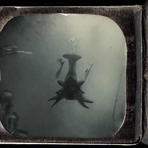 Image similar to tintype photo, swimming deep underwater, alien ship