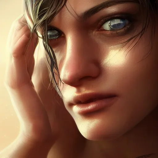 Image similar to a very beautiful woman with muscles, digital art, photorealistic, unreal engine, 8 k resolution, artstation, beautiful face, pretty face, very detailed eyes, by wlop, greg rutkowski, simon bosley