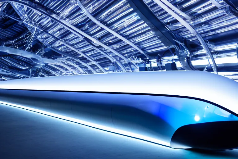 Prompt: transparent long dark blue plastic hyperloop by zaha hadid, tesla, space capsule glowing in the dark, dark moody monochrome colors,