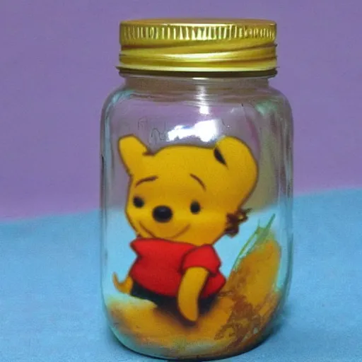 Image similar to a tiny winnie the pooh head = a jar of honey, surreal, realism