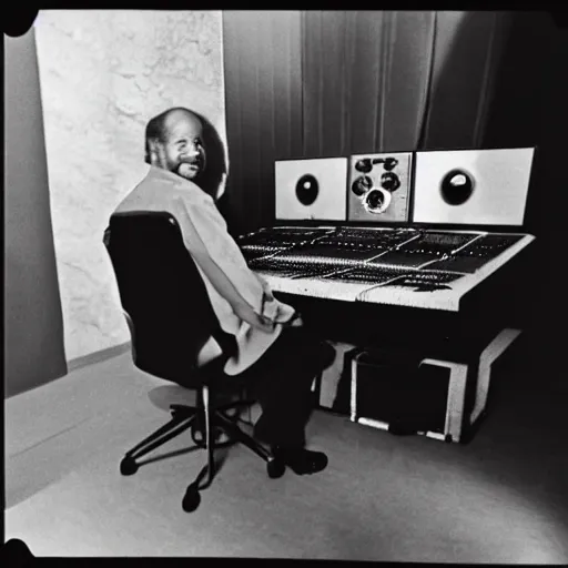 Prompt: sherman hemsley sitting at a recording console in a recording studio, faded photograph from 1 9 8 2