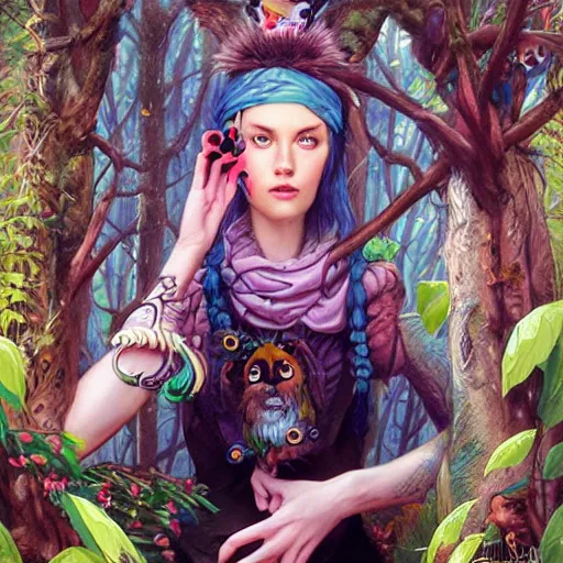 Image similar to lofi druid portrait in a forest surrounded by animals, Pixar style, by Tristan Eaton Stanley Artgerm and Tom Bagshaw.