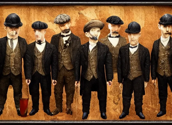 Image similar to peaky blinders crew made out of shrimp, poster, matte painting, 3 - d highly detailed, in the style of mark ryden,