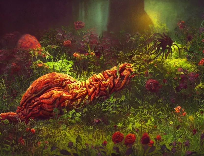 Image similar to psychological horror movie still, amorphous life form crawling in a garden. muted complementary colors, oil painting, indie concept art, bloom, chiaroscuro, backlighting, intricate details.