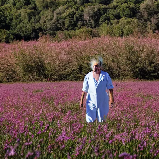 Image similar to rick sanchez in lab suit, face to camera walking in a field. france, dordogne, hills, ultra high, face to camera, detail, 8 k, sunset, flowers, trees, river, hills, octane render.