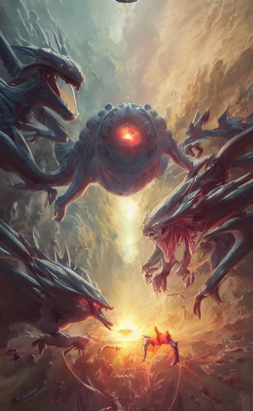 Prompt: portrait of pokemon battling in stadium, symmetrical face features, front game card, drark, marvel comics, dark, intricate, highly detailed, smooth, artstation, digital illustration by ruan jia and mandy jurgens and artgerm and wayne barlowe and greg rutkowski and zdislav beksinski