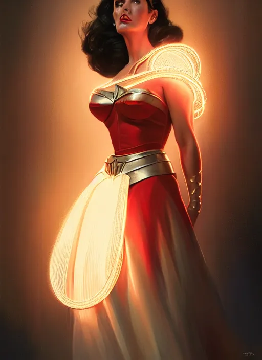 Image similar to portrait of 1 9 5 0 s darna, jennifer connelly, intricate, elegant, glowing lights, highly detailed, digital painting, artstation, glamor pose, concept art, smooth, sharp focus, illustration, art by wlop, mars ravelo and greg rutkowski