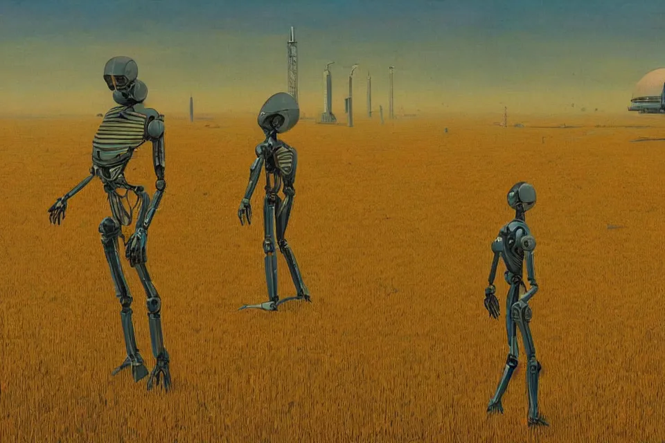 Image similar to sci-fi painting of a large alien city on the vast wheat fields, the closed back view of only one humanoid robot on the ground, by Moebius, godrays, detailed