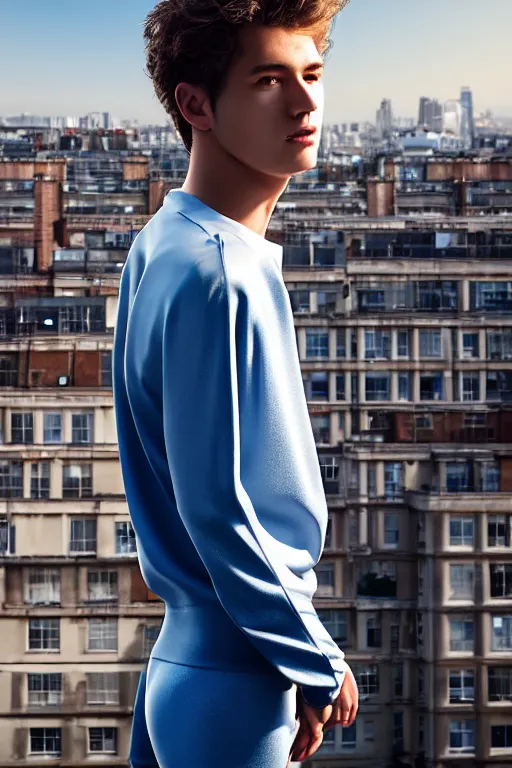 Image similar to un ultra high definition studio quality photographic art portrait of a young man standing on the rooftop of a british apartment building wearing soft padded silver pearlescent clothing. three point light. extremely detailed. golden ratio, ray tracing, volumetric light, shallow depth of field. set dressed.