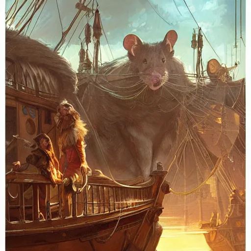Image similar to giant rats on a ship lower deck, D&D, fantasy, highly detailed, digital painting, artstation, smooth, sharp focus, illustration, art by artgerm and greg rutkowski and alphonse mucha