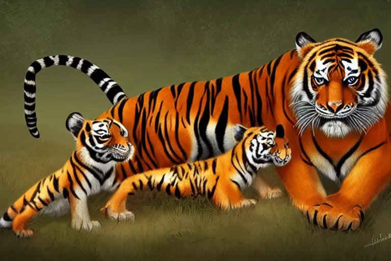 Image similar to beautiful aesthetic digital illustration of a singular female tiger with her of newborn cub by Lisa Parker and Anne Stokes, matte background, deviantArt, artstation, trending on artstation