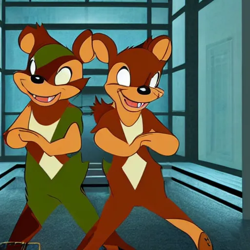 Prompt: Chip and Dale in liminal space, unsettling interior, hyperrealistic, feeling lost in an abandoned building, clean, unreal vision