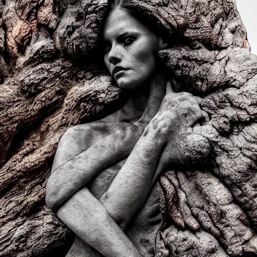 Prompt: beautiful stone woman, lava flowing, exotic trees, bare bark, dark eyes, low angle mist, high octane, frostbite, 8 k, cinematic, 3 5 mm,