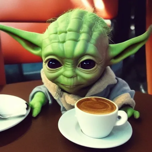 Prompt: Baby Yoda and Baby Groot are chilling in a coffee shop together