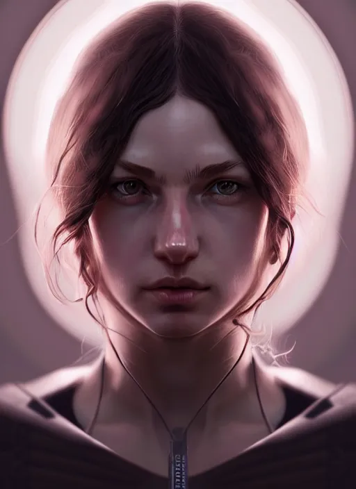 Image similar to hyper - realistic portrait of a female hunter, symmetrical face and body, symmetrical composition, dynamic wavy hair, detailed designs, digital painting, 4 k, by ilya kuvshinov, by greg rutkowski, atmospheric lighting