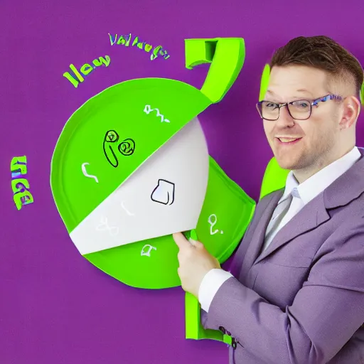 Prompt: corporate portrait, anthropomorphic edible piechart, purple green color scheme, professional studio lighting